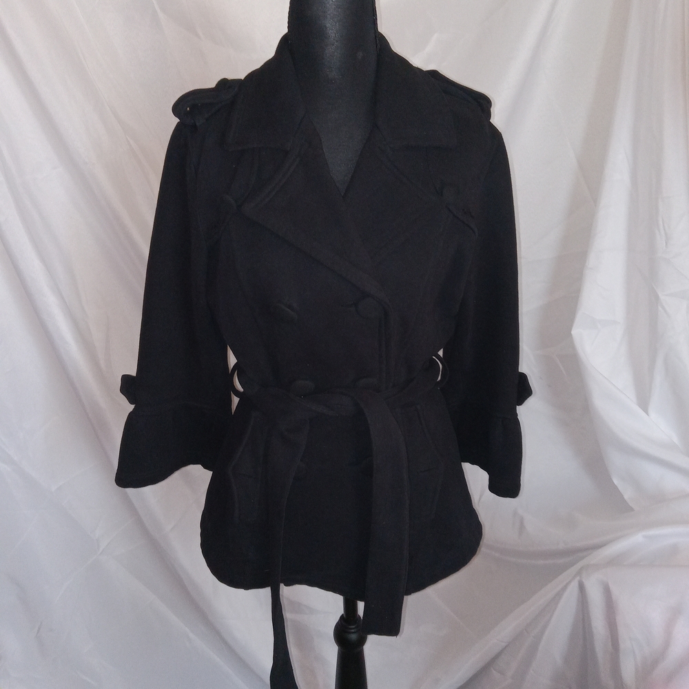 Wet Seal Black Pea Coat 3/4 Flounce Sleeves Womens Size Medium - Picture 2 of 13